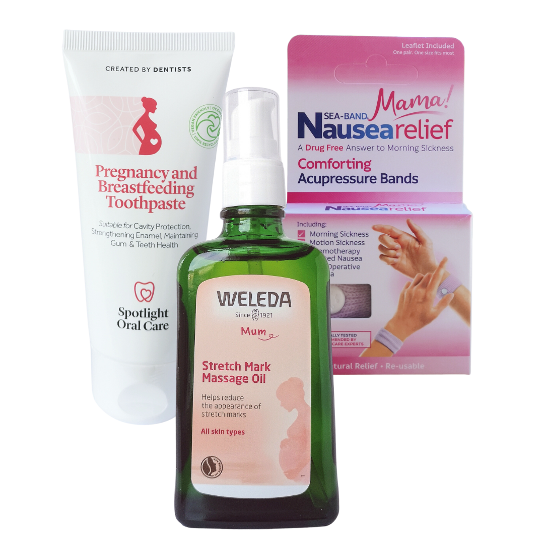 weleda stretch mark massage oil, pregnancy toothpaste , nausea relief acupressure bands womama free delivery in ireland