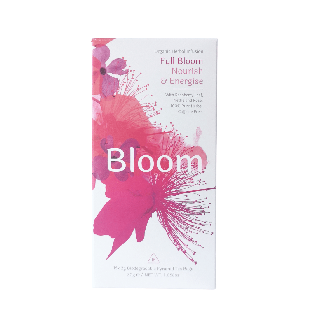 Solaris Full Bloom Organic Tea with Raspberry Leaf, Nettle Leaf, Oatstraw, Lemon Balm, Chamomile, Rose Petals, certified organic, 3rd trimester of pregnancy and postpartum, promotes hormonal balance, aids in easing discomfort for PMS, increases iron intake. Caffeine free
